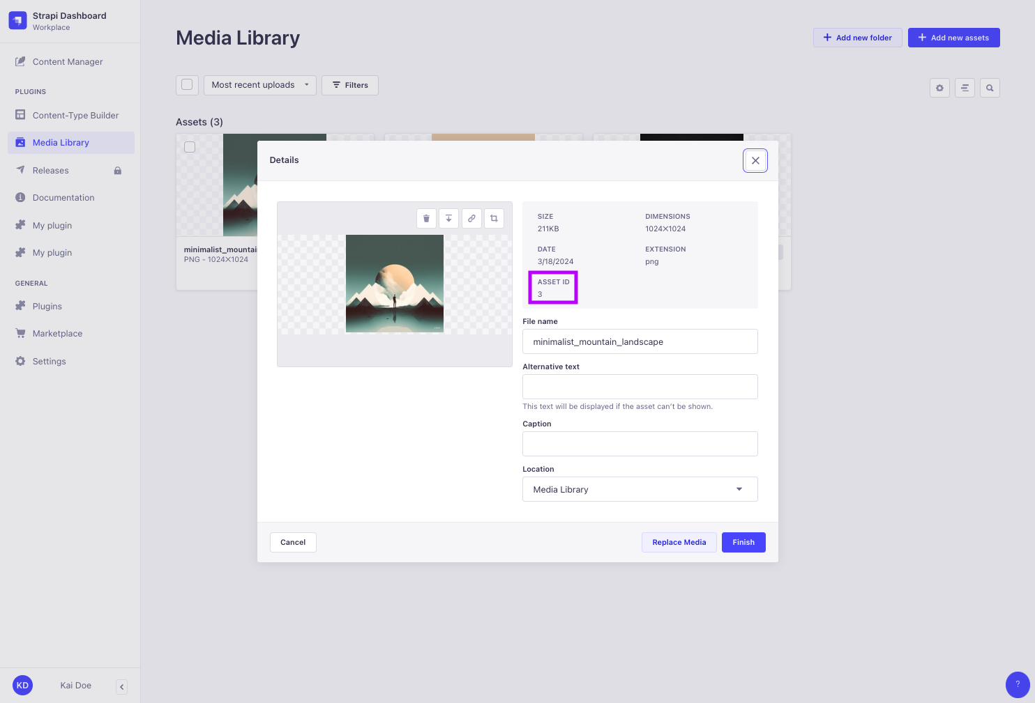 Media Library screenshot highlighting how to find a media file id