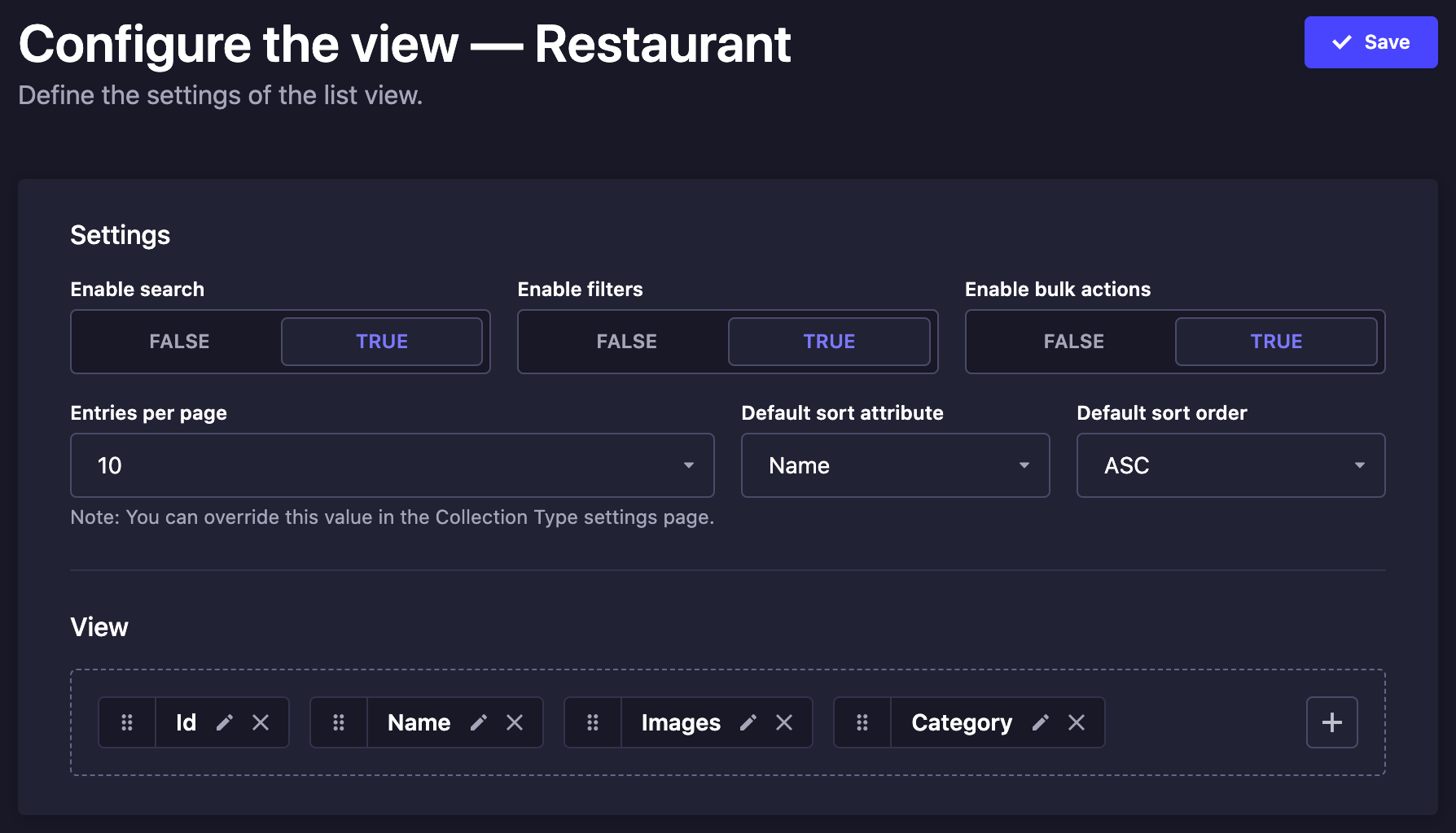 Settings of a list view in the Content Manager
