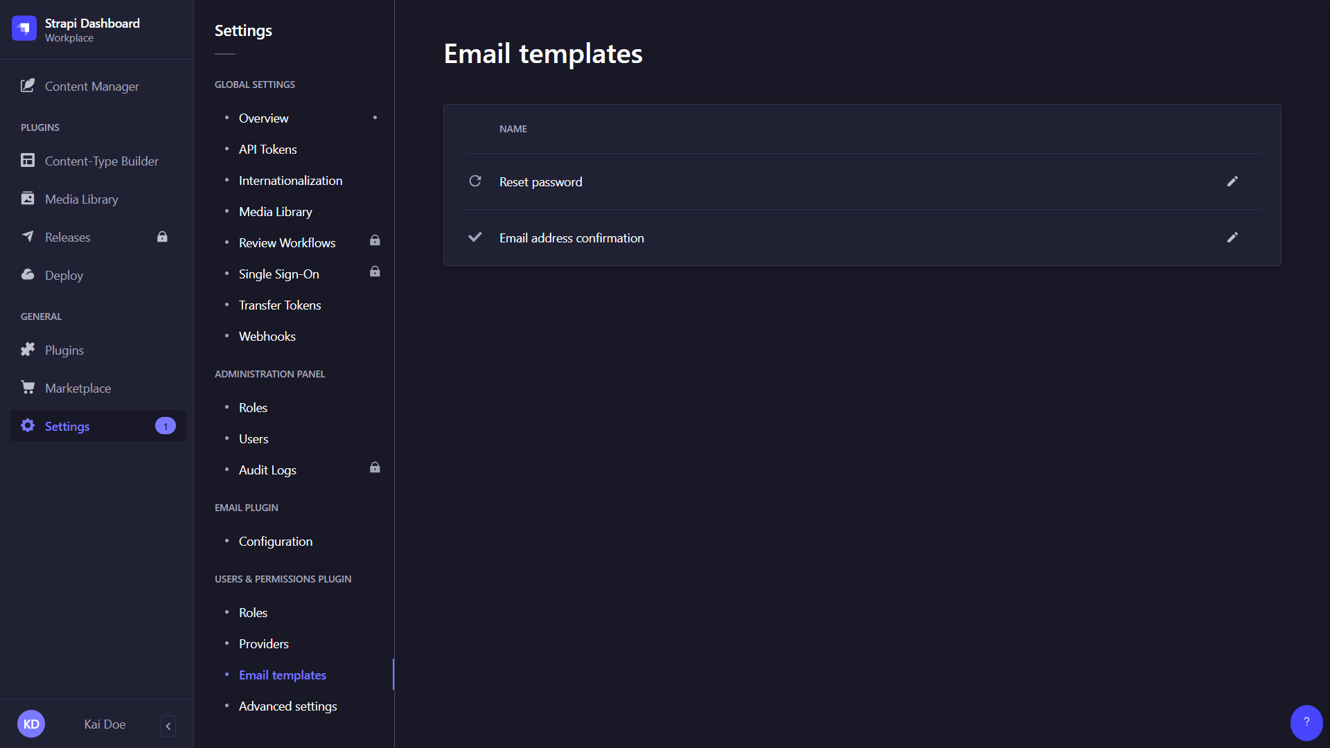 Email templates interface
