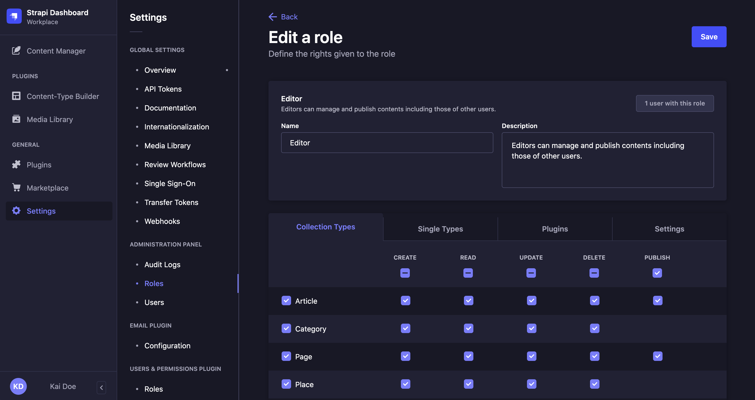 Administrator roles edition interface
